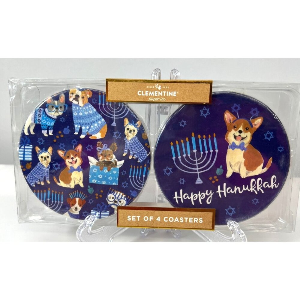 Clementine Paper Inc. Happy Hanukkah Corgi Coasters Set Of 4, Stone
